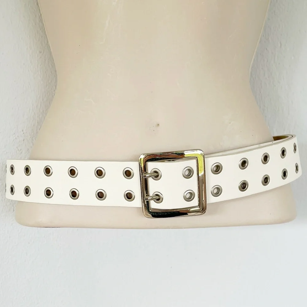 Target white faux leather metallic silver buckle belt one size